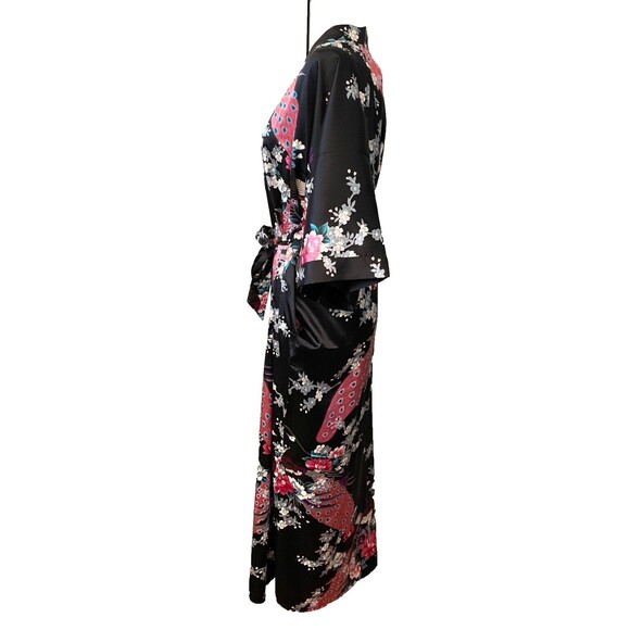 Vtg NWT BABEYOND Satin Kimono Robe Women's M/L Black Floral Peacock Y2K Boho - Picture 2 of 13
